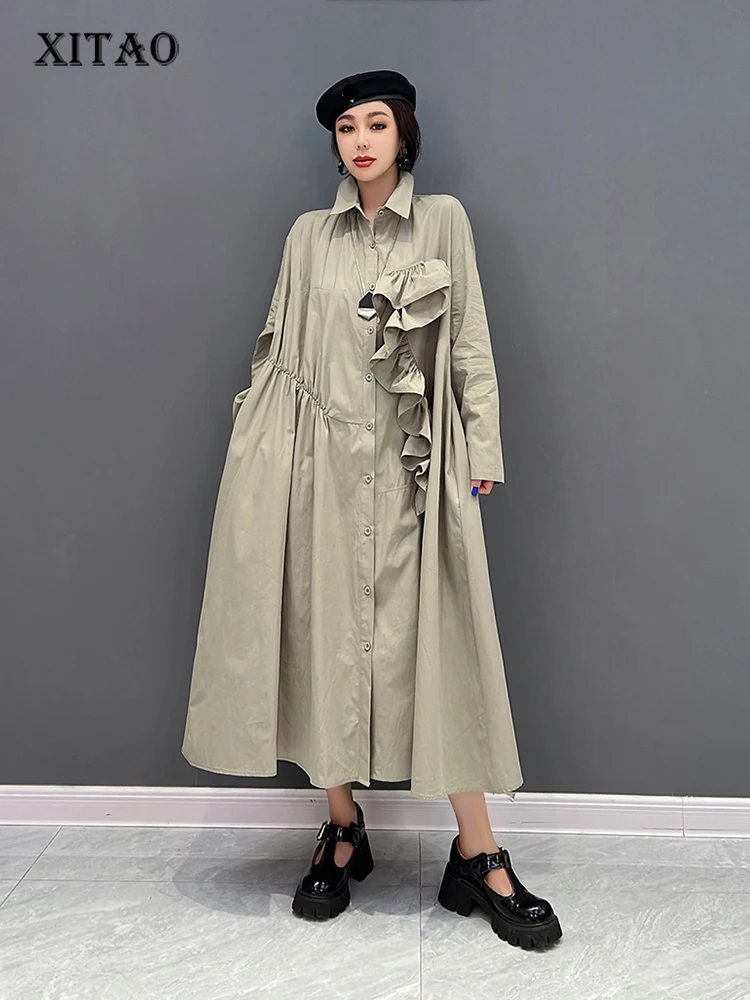 

XITAO Fashion Casual Shirt Asymmetrical Edible Tree Fungus Splicing Long Sleeve Turn-down Collar Women Shirt Dress WLD8664