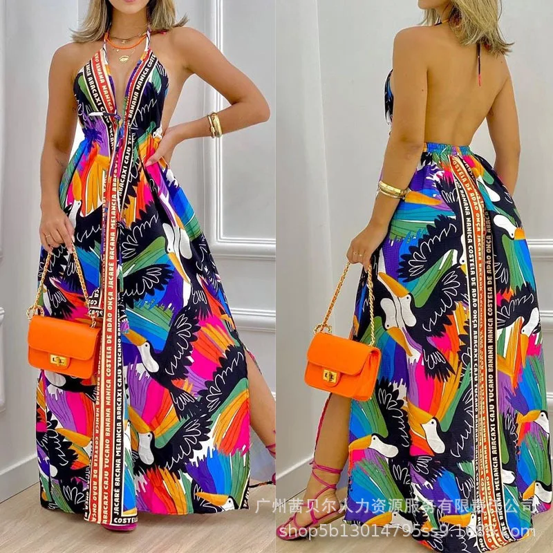 Backless Print Sexy Slit Suspenders Dress V-neck Summer Halter Women's Long Skrit
Backless Print Sexy Slit Suspenders Dress V-neck Summer Halter Women's Long Skrit