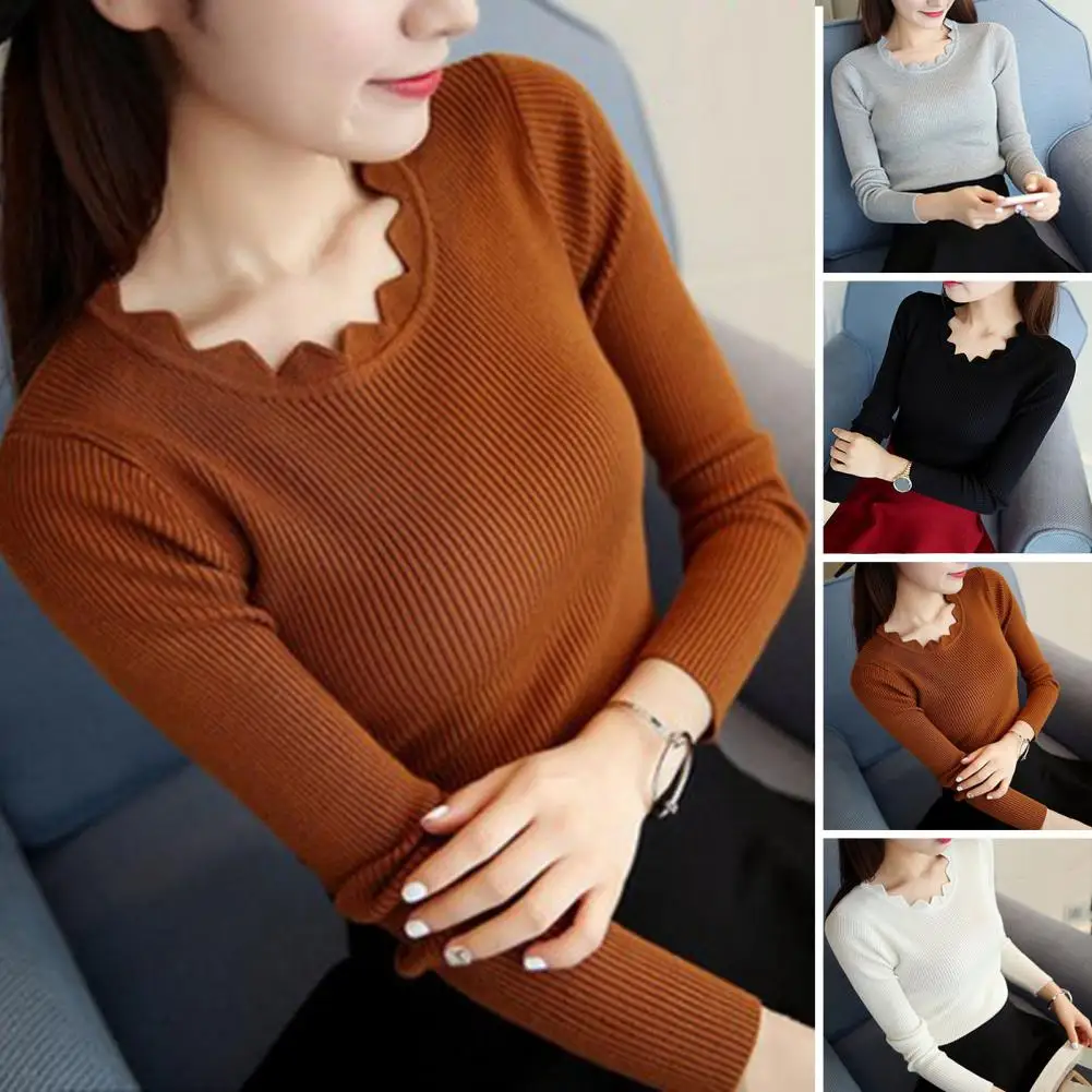 Autumn Women Mock Neck Ruffles Sweater Long Sleeve Knitted Bottoming Solid Pullovers Stripe For Women Sweater Winter 
Autumn Women Mock Neck Ruffles Sweater Long Sleeve Knitted Bottoming Solid Pullovers Stripe For Women Sweater Winter