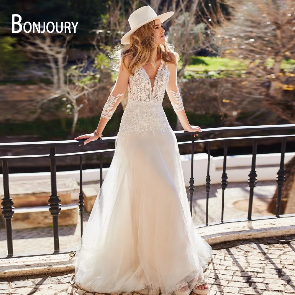 

Женское богемное свадебное платье BONJOURY, с аппликацией, V-образным вырезом и рукавом три четверти, 2023