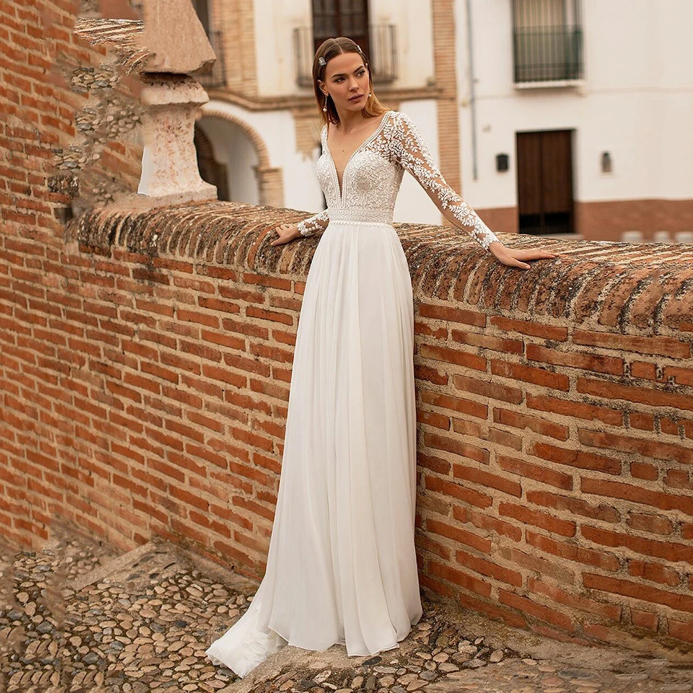 Classic Bride Gowns 2022 Bohemia V-Neck Lace Applique Zipper Back Beach Wedding Dresses Chiffon Long Sleeve Vestido De Noiva
Classic Bride Gowns 2022 Bohemia V-Neck Lace Applique Zipper Back Beach Wedding Dresses Chiffon Long Sleeve Vestido De Noiva