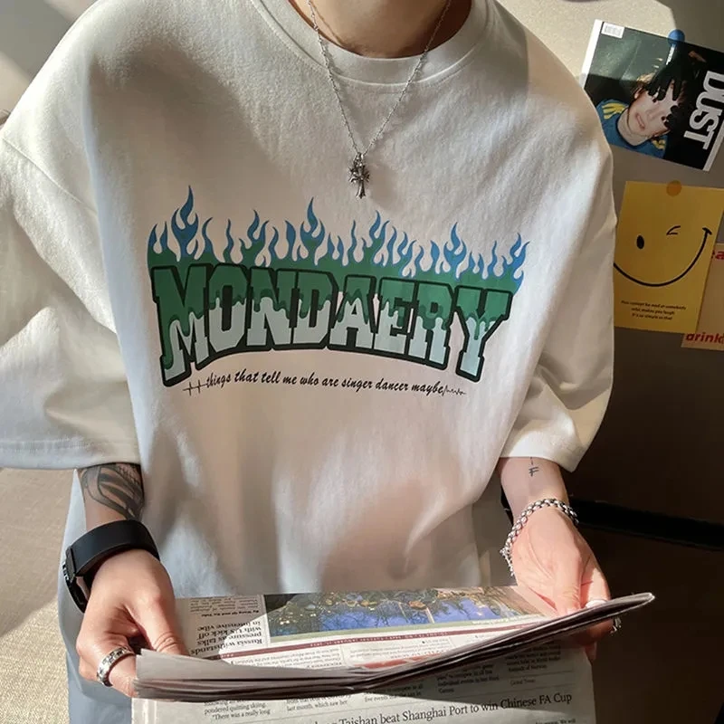 Men Women Short Sleeved T-shirts ins American Flame Letter Print Summer Korean Style Unisex Loose All-match T Shirt Female Tops 
Men Women Short Sleeved T-shirts ins American Flame Letter Print Summer Korean Style Unisex Loose All-match T Shirt Female Tops