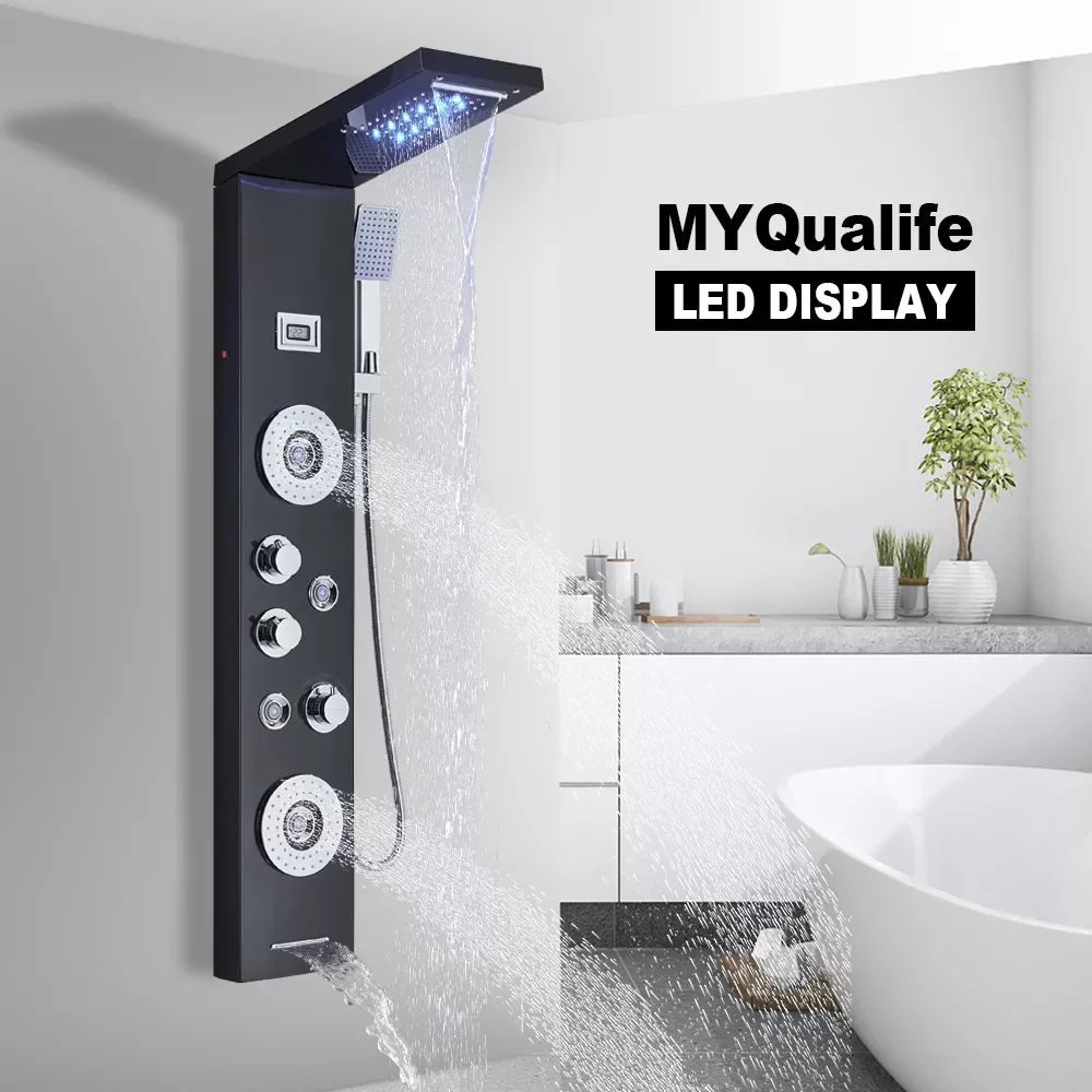 Black LED Shower Panel Waterfall Rain Shower Faucet Set SPA Massage Jet Bath Shower Column Temperature Display Mixer Tap Tower
Black LED Shower Panel Waterfall Rain Shower Faucet Set SPA Massage Jet Bath Shower Column Temperature Display Mixer Tap Tower