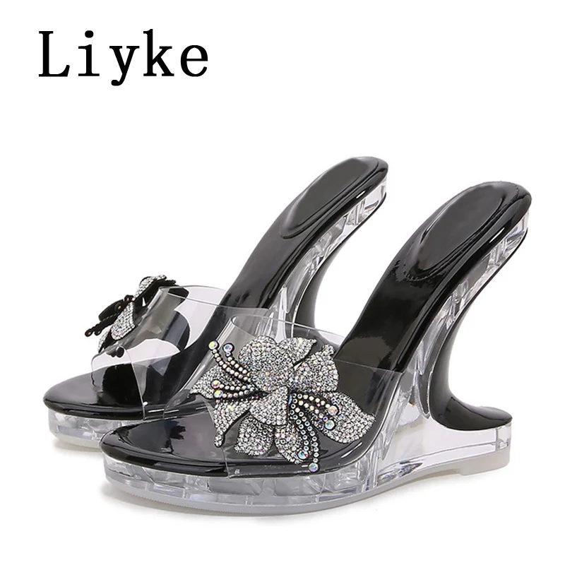 

Сандалии Liyke женские на платформе и высоком каблуке, прозрачные босоножки из ПВХ, дизайнерские модные тапочки с кристаллами и цветами, обувь на танкетке с открытым носком, лето
