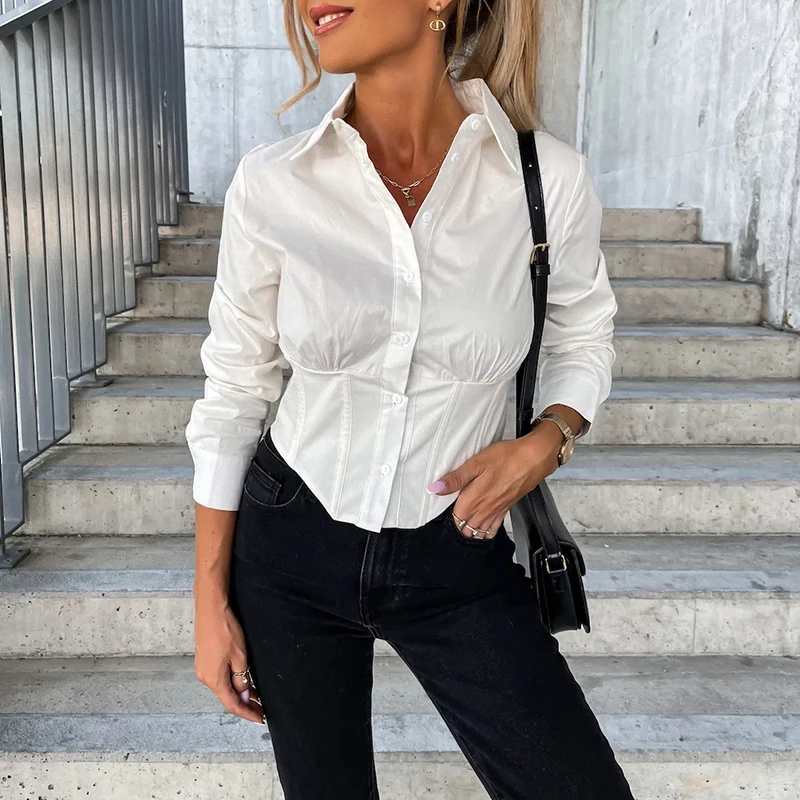 New Turn-down Collar Button Long Sleeve Casual Blouse Pleated Waist Vintage Women Top Blusa Autumn Slim Solid Short Office Shirt
New Turn-down Collar Button Long Sleeve Casual Blouse Pleated Waist Vintage Women Top Blusa Autumn Slim Solid Short Office Shirt