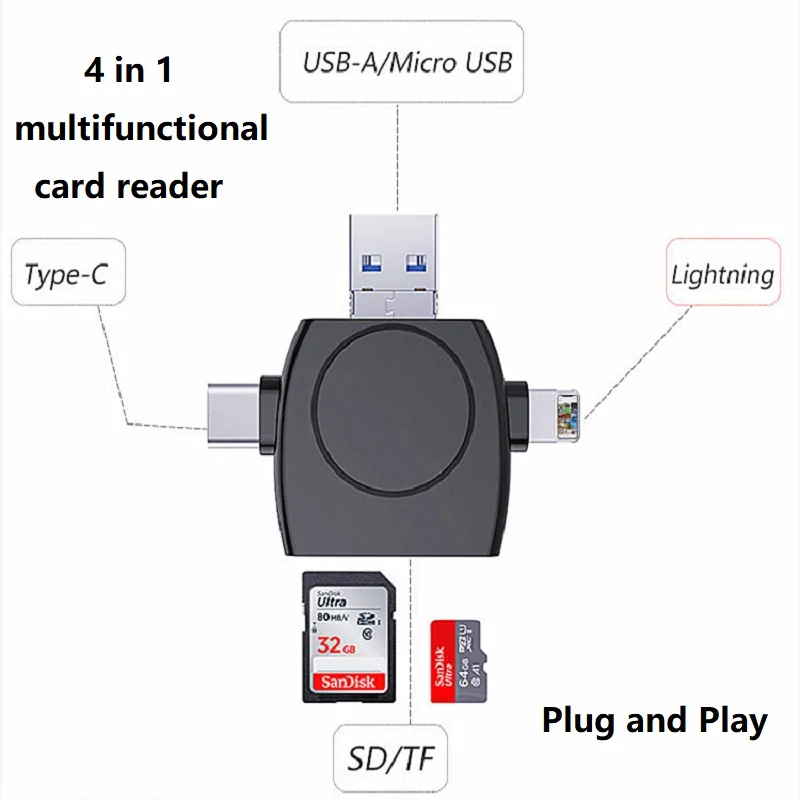 

4 In 1 TF SD Card Reader with Lightning/Micro Usb/Type-c/USB Port Memory Card Reader Trail Camera Viewer for IPhone IPad Android