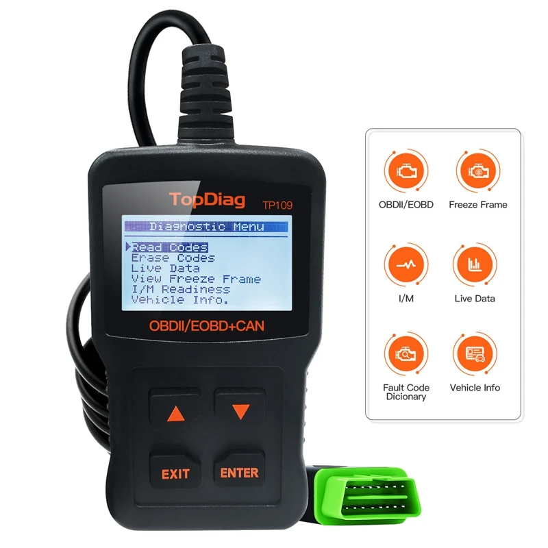 OBD2 сканер Topdiag TP109, считыватель кодов автомобильного двигателя, диагностический инструмент с полным языком DTC, запрос
OBD2 сканер Topdiag TP109, считыватель кодов автомобильного двигателя, диагностический инструмент с полным языком DTC, запрос
