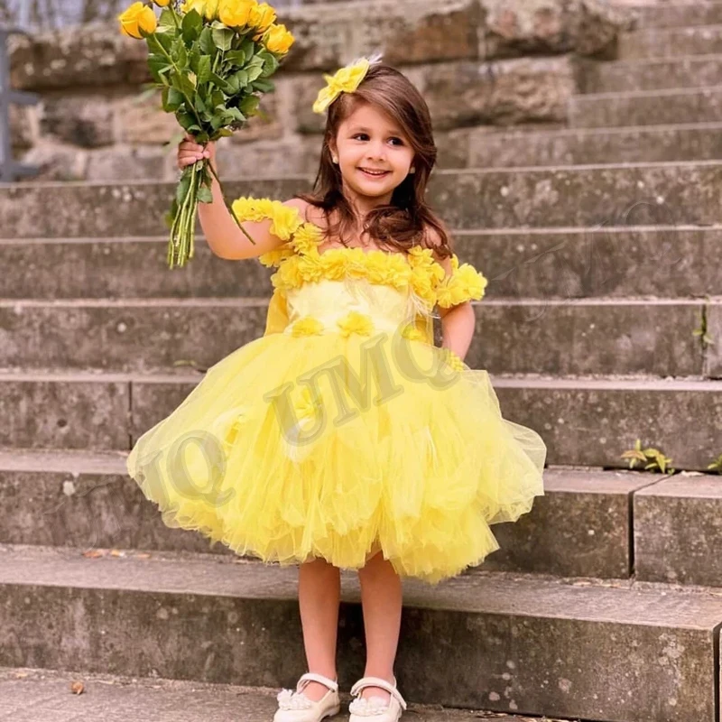 

Желтое Пышное Платье для девочек на день рождения с цветами и кристаллами, платья для свадебной вечеринки с аппликацией, модное платье для первого причастия, всех возрастов