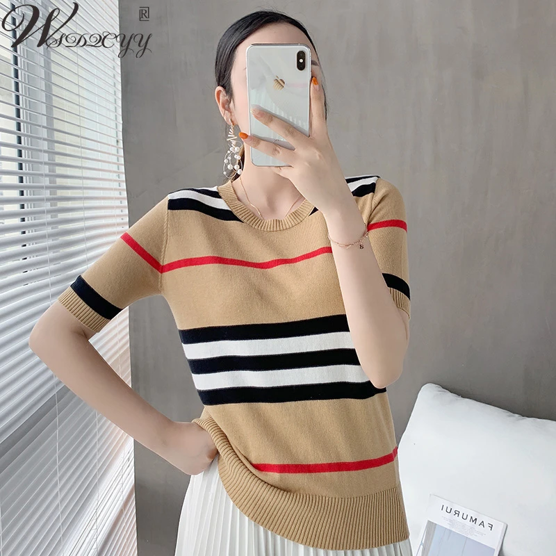 Women's Knitted T-Shirts Korean Fashion O-Neck Patchwork Striped Short Sleeve Tops Summer All-match Kawaii Thin Wool Sweater Tee
Women's Knitted T-Shirts Korean Fashion O-Neck Patchwork Striped Short Sleeve Tops Summer All-match Kawaii Thin Wool Sweater Tee
