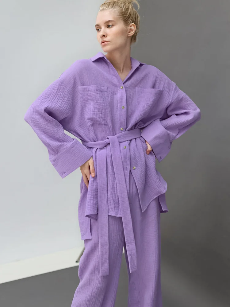 

Loose Women's Nightwear Cotton 2 Piece Sets Long Sleeve Sleepwear Sashes Female Casual Trouser Suits Solid Autumn 2023