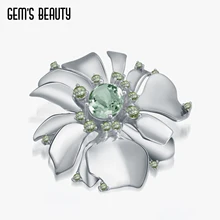 Gems Beauty 925 Silver Flower Brooch Natural Green Amethyst 925 Sterling Silver Brooch For Women Fine Jewelry