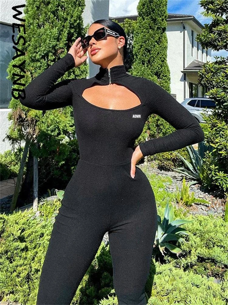 

Fall Outfits 2022 Casual Sexy Jumpsuits Women Long Sleeve Bodycon Rompers Jumpsuits Ladies Black Zipper One-piece Green Overalls