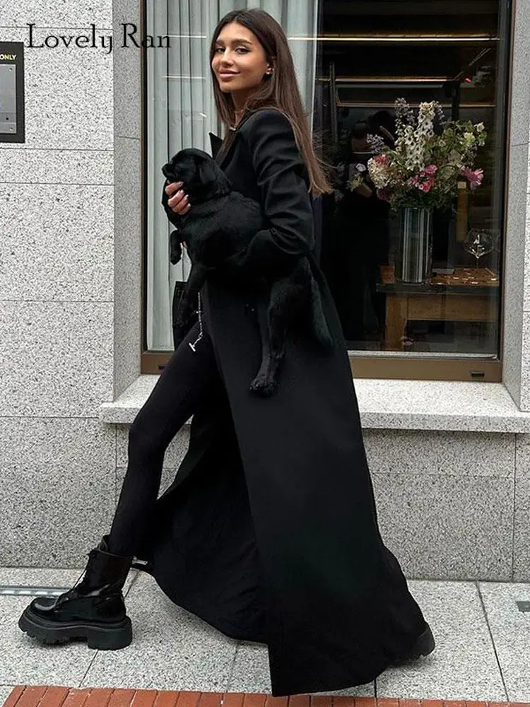 

Женское однотонное пальто с отложным воротником и разрезом, Женская однобортная туника с длинным рукавом и карманами, осень 2023, модная верхняя одежда в стиле Хай-стрит