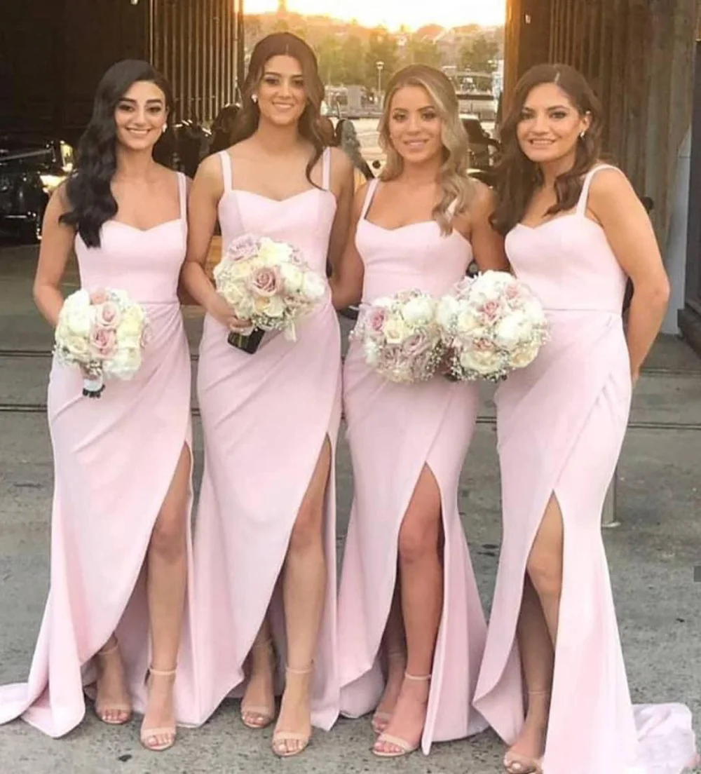 

Sexy Sweetheart Spaghetti Mermaid Bridesmaid Dresses Floor-Length Satin long Backless Thigh-High Slits Wedding Party Events