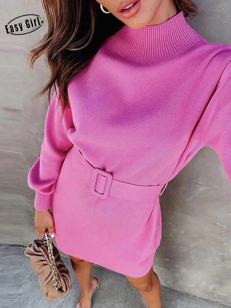 Knitted Tunic Women's Mini Dress High Waist Turtleneck 2022 Autumn Winter Pullovers Lantern Sleeve Elegant Dresses with Belt
Knitted Tunic Women's Mini Dress High Waist Turtleneck 2022 Autumn Winter Pullovers Lantern Sleeve Elegant Dresses with Belt