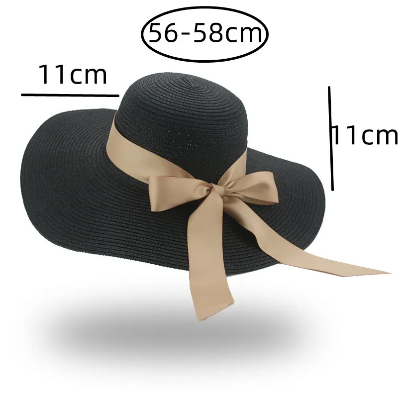 

Hats for Women Summer Straw Sun Hat Big Brim 11cm Luxury Bowknot Solid Black White Dome Round Top Beach Cap Female Chapeau Femme