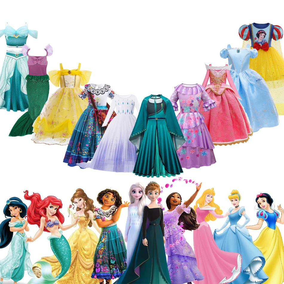 

Disney Princess Costume Girls Elsa Anna Snow White Belle Ariel Aurora Cinderella Jasmine Cosplay Encanto Isabela Mirabel Dress
