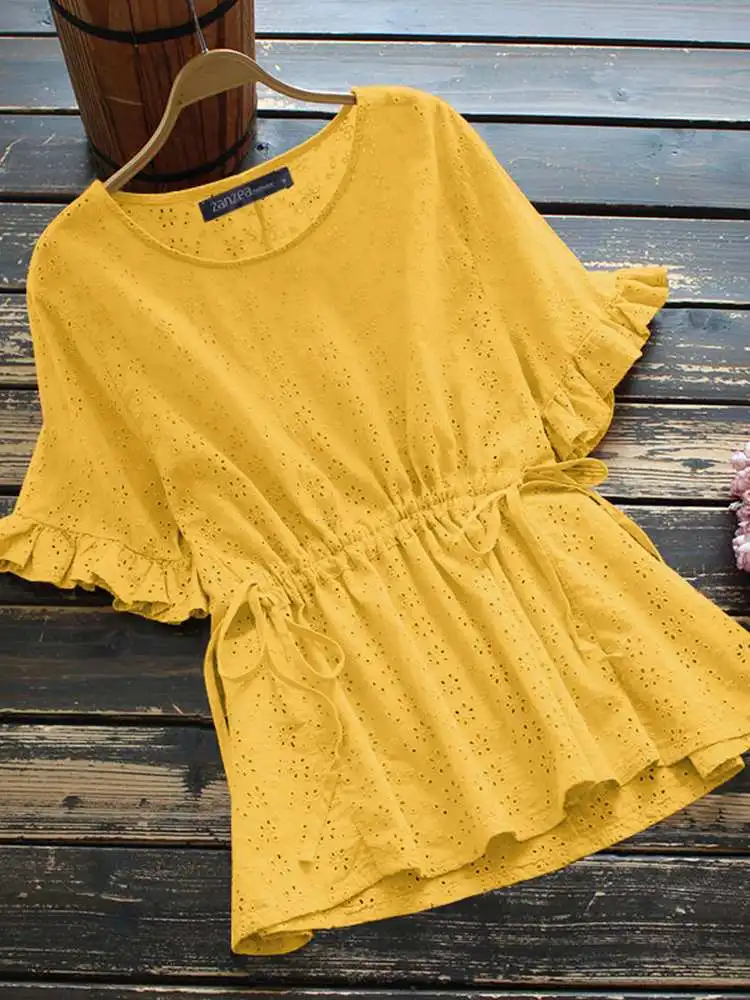 ZANZEA Casual Short Sleeve Ruffles Tunic Tops Summer Fashion OL Blouse Women Vintage Lace Crochet Shirt Solid Work Blusas 2023 
ZANZEA Casual Short Sleeve Ruffles Tunic Tops Summer Fashion OL Blouse Women Vintage Lace Crochet Shirt Solid Work Blusas 2023