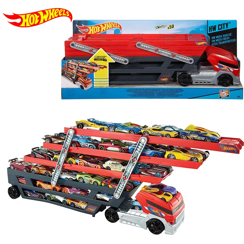 

Original Hot Wheels Car Mega Hauler Truck Semi Holds 50 Toy Cars Diecast 1/64 Storage Carrier Kids Boys Toys for Children Gift