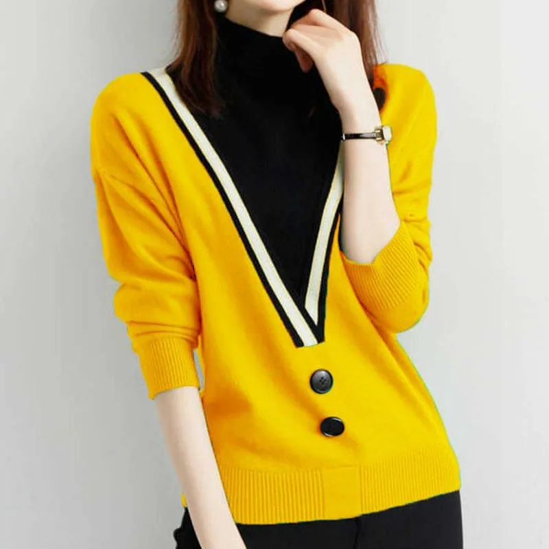 Fashion Commute Contrasting Colors Tops Fake Two Pieces for Female Button Spliced Autumn Winter Half High Collar Knitted T-shirt
Fashion Commute Contrasting Colors Tops Fake Two Pieces for Female Button Spliced Autumn Winter Half High Collar Knitted T-shirt