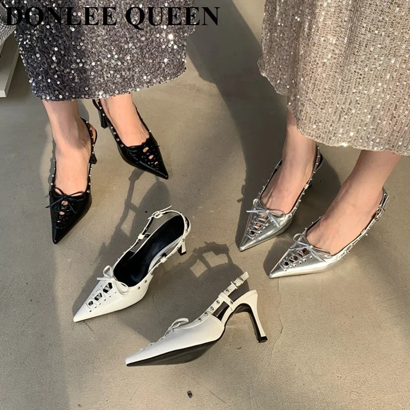 Женские сандалии на тонкой шпильке, с заклепками, на шнуровке 
Женские сандалии на тонкой шпильке, с заклепками, на шнуровке