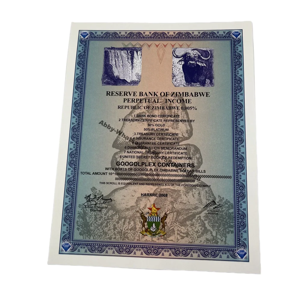 

Резервный банк Зимбабве контейнеры для банкнот Googolplex сертификат бумажный свиток с УФ серийным номером коллекционные подарки