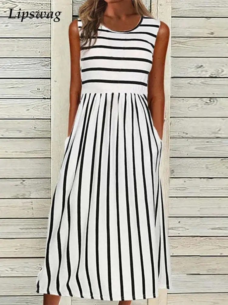 Женское винтажное вечернее платье в полоску, офисное платье без рукавов с круглым вырезом и принтом, весна-лето 2022 
Женское винтажное вечернее платье в полоску, офисное платье без рукавов с круглым вырезом и принтом, весна-лето 2022
