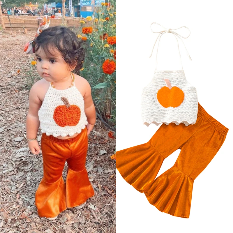 

2022-08-14 Lioraitiin 0-3Years Toddler Baby Girl 2Pcs Halloween Outfit Set Knitted Pumpkin Halter Tank Tops Solid Flared Pants