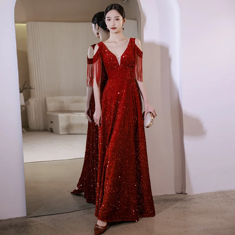 Wine Red Bridal Toast Womens Dress New Summer Wedding Engagement Light Extravagant Sequin Evening Dress for Women
Wine Red Bridal Toast Womens Dress New Summer Wedding Engagement Light Extravagant Sequin Evening Dress for Women