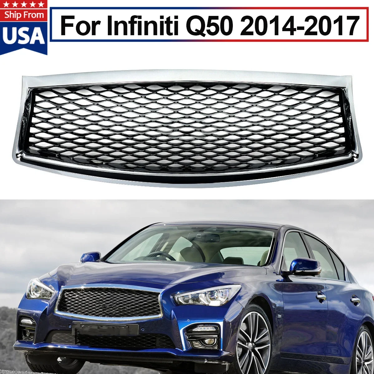 Front Bumper Upper Grille Hood Mesh Chrome+Black Trim For 2014-2017 Infiniti Q50
Front Bumper Upper Grille Hood Mesh Chrome+Black Trim For 2014-2017 Infiniti Q50