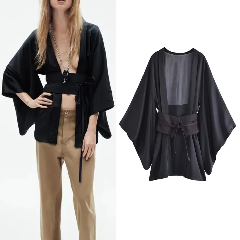 

TRAF 2023 Woman Corset Belt Kimono Sexy V-Neck Open Black Shirt Vintage Cape Sleeve Satin Shirts And Blouses Autumn Lady Clothes