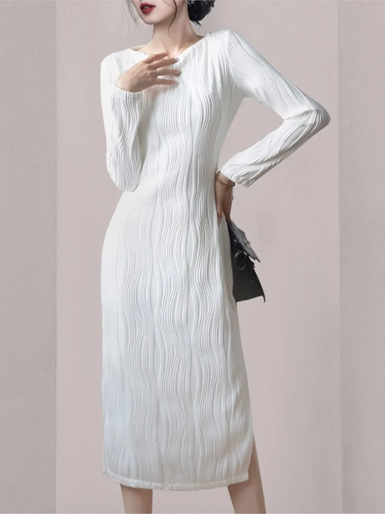 Fashion Striped Side Split Slim Waist Women'S Dress Elegant Office Women Knee-Length Autumn Vestidos Korean White Party Dress
Fashion Striped Side Split Slim Waist Women'S Dress Elegant Office Women Knee-Length Autumn Vestidos Korean White Party Dress