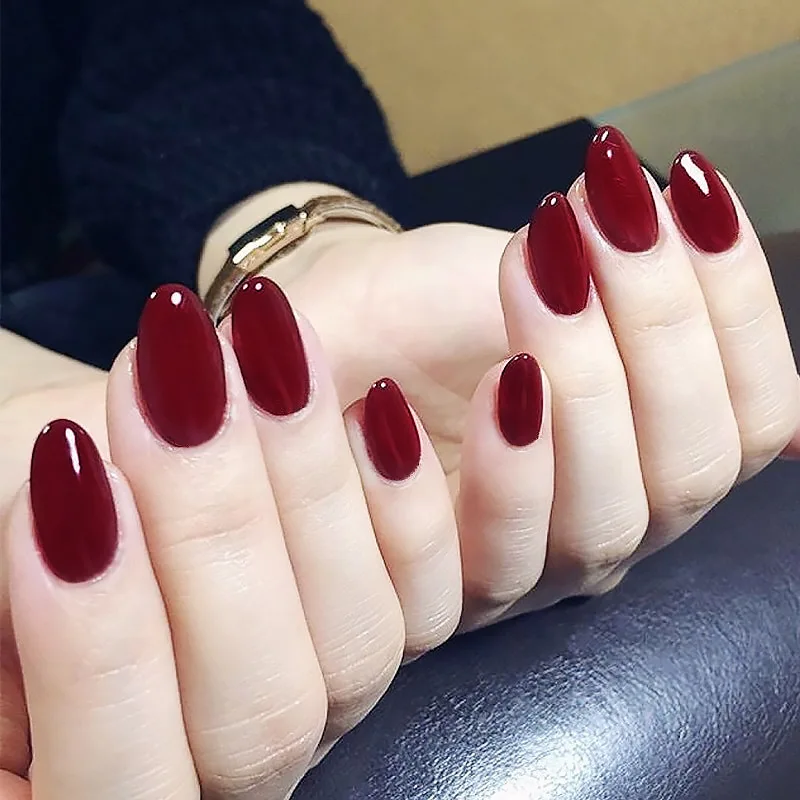 

24pcs/Set Vintage Wine Red False Nails Middle Long Round Head Full Nail Tips with Pre-Finished Fake Nail Art Decortaion BU