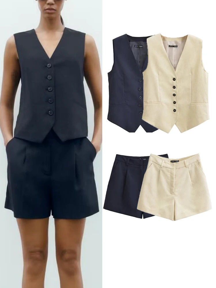 TRAF Women Elegant Vest Shorts Set 2023 Summer New Fashion V-Neck Sleeveless Single Breasted Tops Pockets Casual Zipper Shorts
TRAF Women Elegant Vest Shorts Set 2023 Summer New Fashion V-Neck Sleeveless Single Breasted Tops Pockets Casual Zipper Shorts