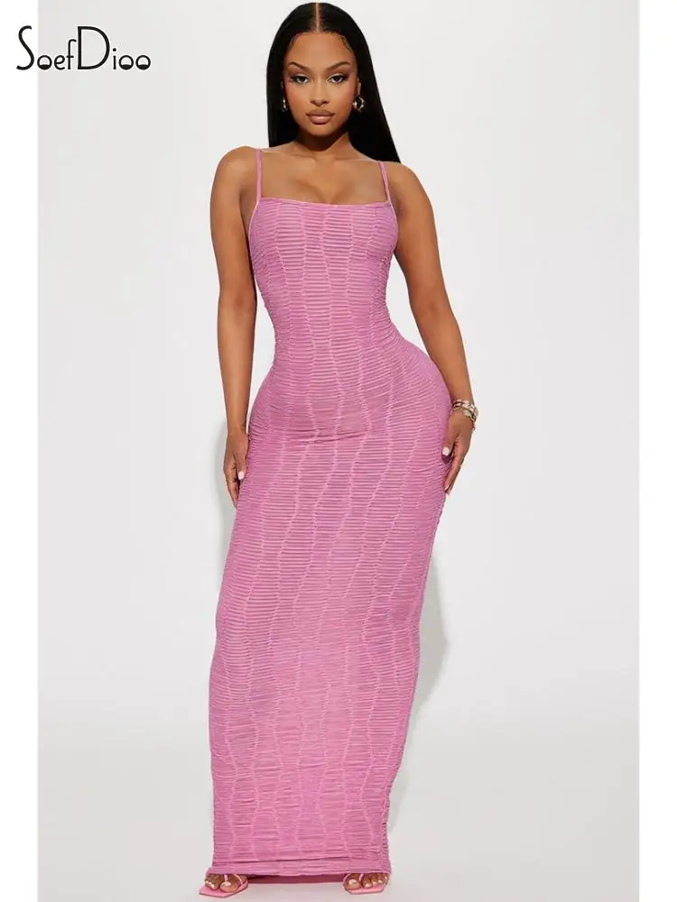 Модное однотонное платье-макси Soefdioo на тонких бретельках, без рукавов, для придания формы телу, стрейч, плиссированное, женское сексуальное платье, модель 2023 года 
Модное однотонное платье-макси Soefdioo на тонких бретельках, без рукавов, для придания формы телу, стрейч, плиссированное, женское сексуальное платье, модель 2023 года