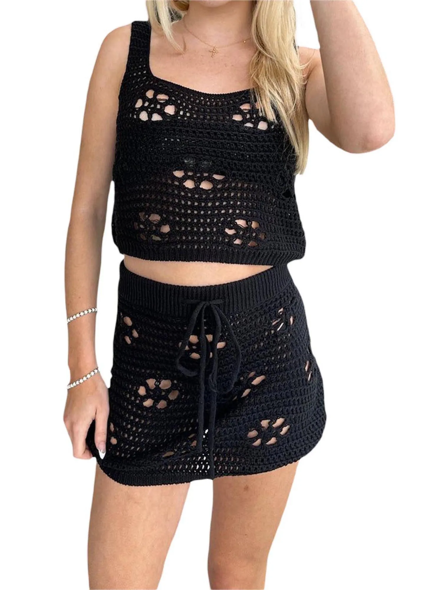 

Conjunto de saída de praia feminina Y2k de crochê de 2 peças saia vazada roupa de banho C Preto M