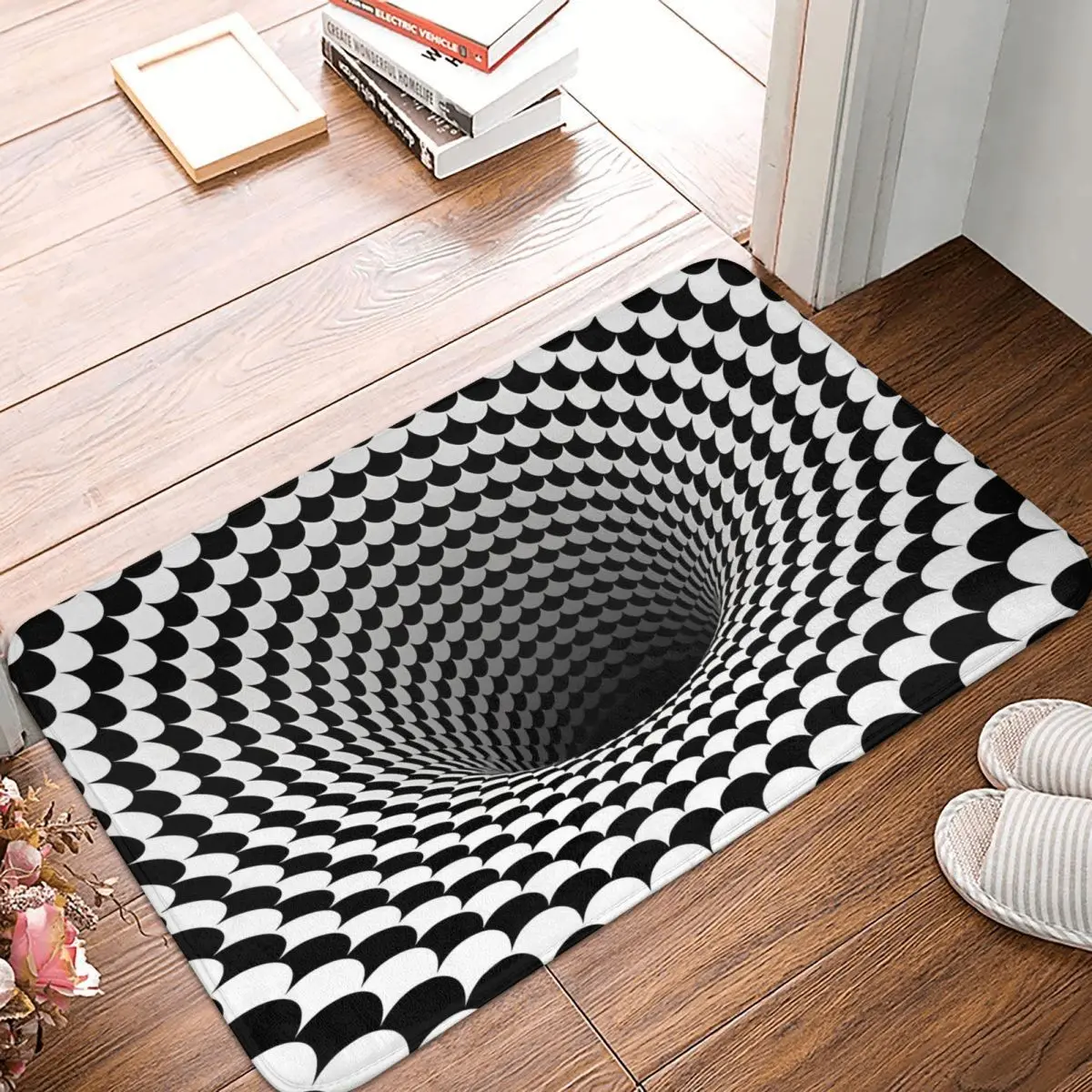 

Optical Illusion Anti-Slip Doormat Mat Black And White Scales Houndstooth Black Hole Vortex Balcony Carpet Door Rug Indoor Decor