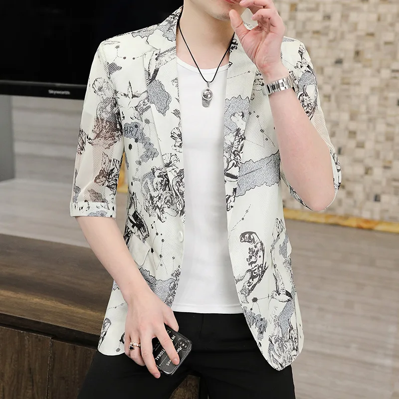 Men's Thin Coat Summer Korean Style Thin Section Sleeve Small Suit Printed Jacket Top Fashion Slim Small Suit Casual Men's Tops
Men's Thin Coat Summer Korean Style Thin Section Sleeve Small Suit Printed Jacket Top Fashion Slim Small Suit Casual Men's Tops