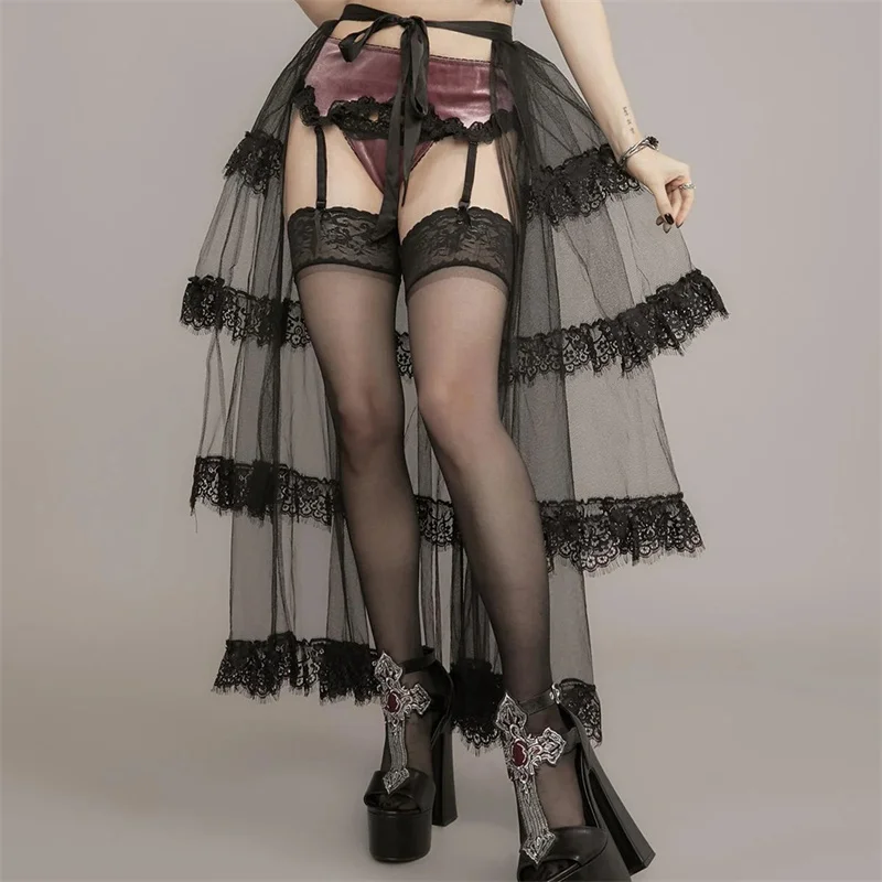 

New Sexy Cosplay Personality Show Woman Lace Mesh Stitching Gauze Black Skirt Lolita Clothing Inside Long Ruched skirt