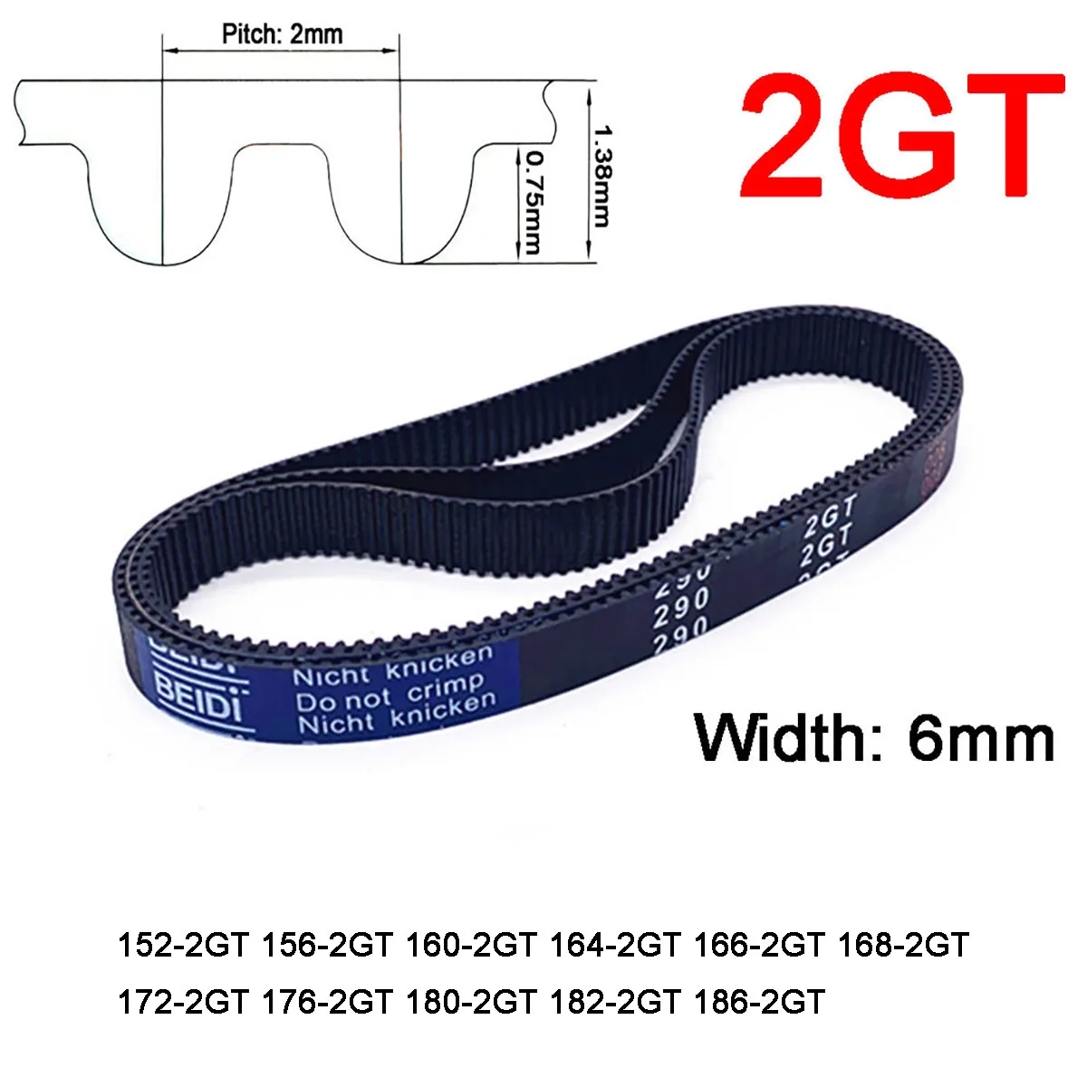 

1Pc Width 6mm 2GT Rubber Arc Tooth Timing Belt Pitch Length 152 156 160 164 166 168 172 176 180 182 186mm Synchronous Belt