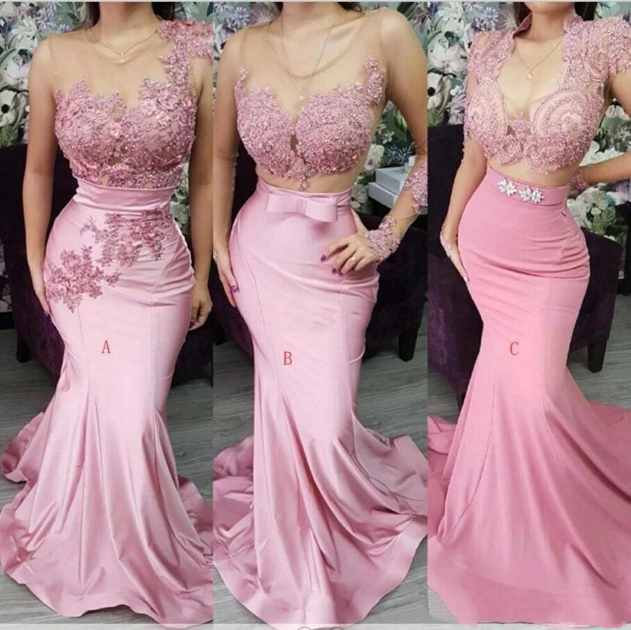 Illusion Satin Mermaid Prom Dresses Sheer Neck Lace Appliques Sexy Pink Long Bridesmaid Dress Women Wedding Party Gowns
Illusion Satin Mermaid Prom Dresses Sheer Neck Lace Appliques Sexy Pink Long Bridesmaid Dress Women Wedding Party Gowns