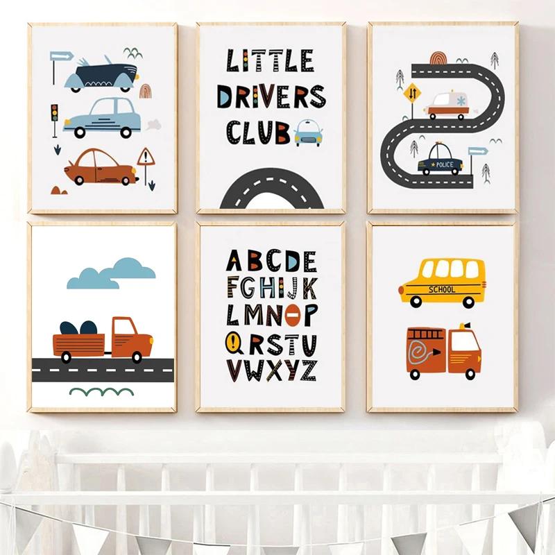 

Letter Education Poster Car Road Nursery Wall Art Kids Room Decoration Painting Kindergarten Wall Prints Canvas Pictures Art