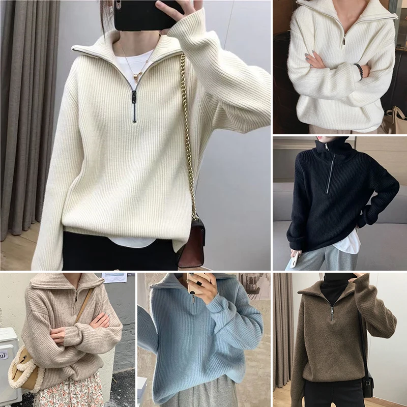 Women Sweater Long Sleeve Solid Color Loose Knitted Pullover Korean Version Autumn Winter Thicken Turtleneck Zipper Sweater Coat
Women Sweater Long Sleeve Solid Color Loose Knitted Pullover Korean Version Autumn Winter Thicken Turtleneck Zipper Sweater Coat