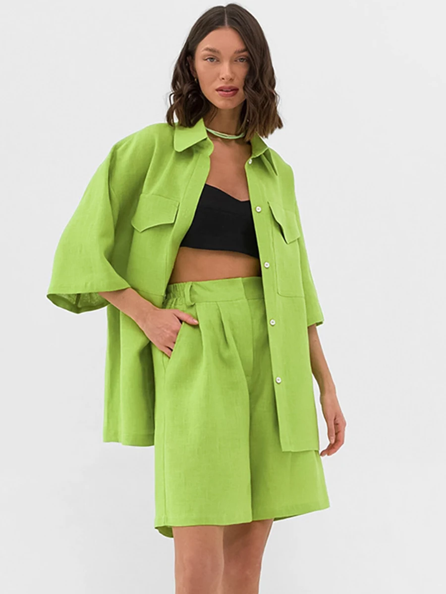 Pockets 2 Pieces Set Turn Down Collar Half Sleeve Shirts With Elastic Shorts Outfits For Women Casual Vintage Suits 2023 Summer
Pockets 2 Pieces Set Turn Down Collar Half Sleeve Shirts With Elastic Shorts Outfits For Women Casual Vintage Suits 2023 Summer