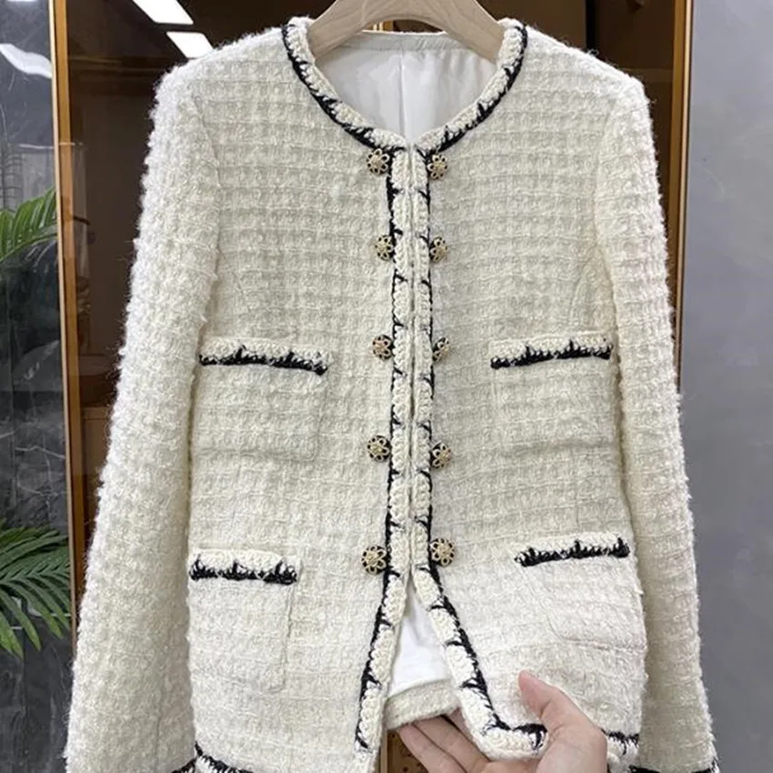 French style autumn Classic Tweed Scented Short Jacket women o-neck double breasted weave outwear 
French style autumn Classic Tweed Scented Short Jacket women o-neck double breasted weave outwear