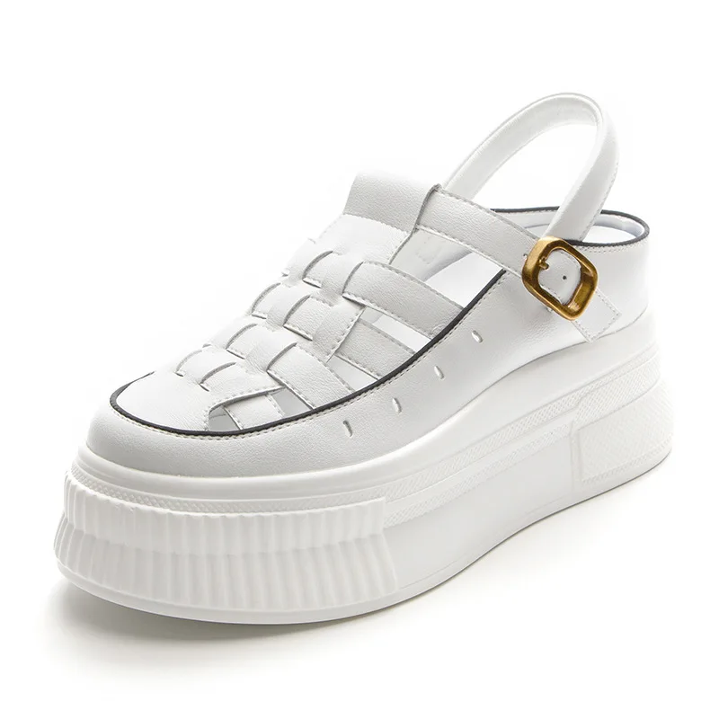 Кроссовки женские из натуральной кожи, повседневная обувь на толстой подошве, с Т-образным ремешком, сандалии на танкетке, с перфорацией, белые, желтые и черные 
Кроссовки женские из натуральной кожи, повседневная обувь на толстой подошве, с Т-образным ремешком, сандалии на танкетке, с перфорацией, белые, желтые и черные