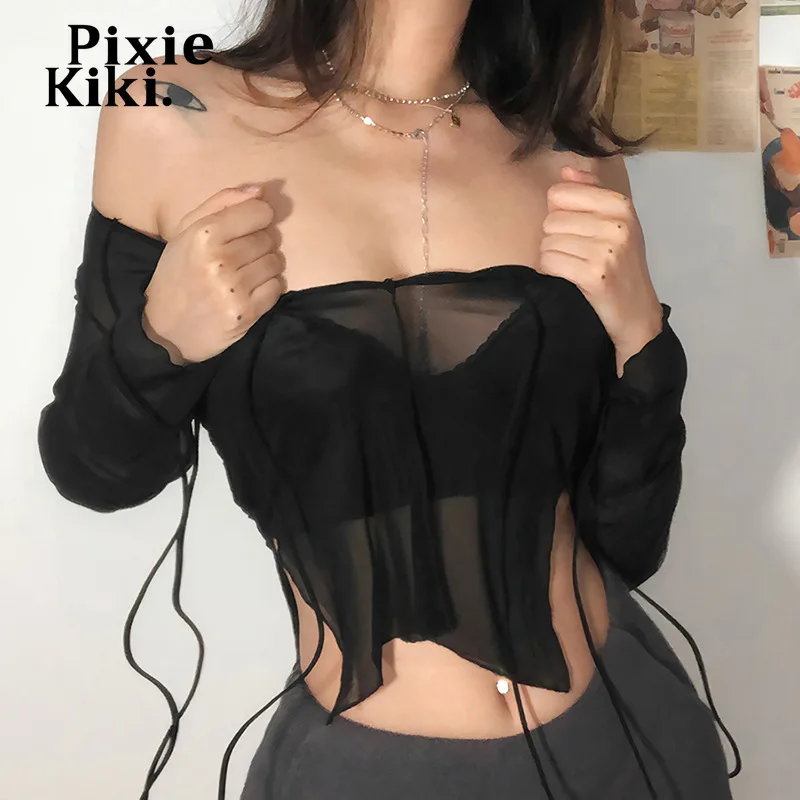Пикантные черные футболки PixieKiki на шнуровке с V-образным вырезом и длинным