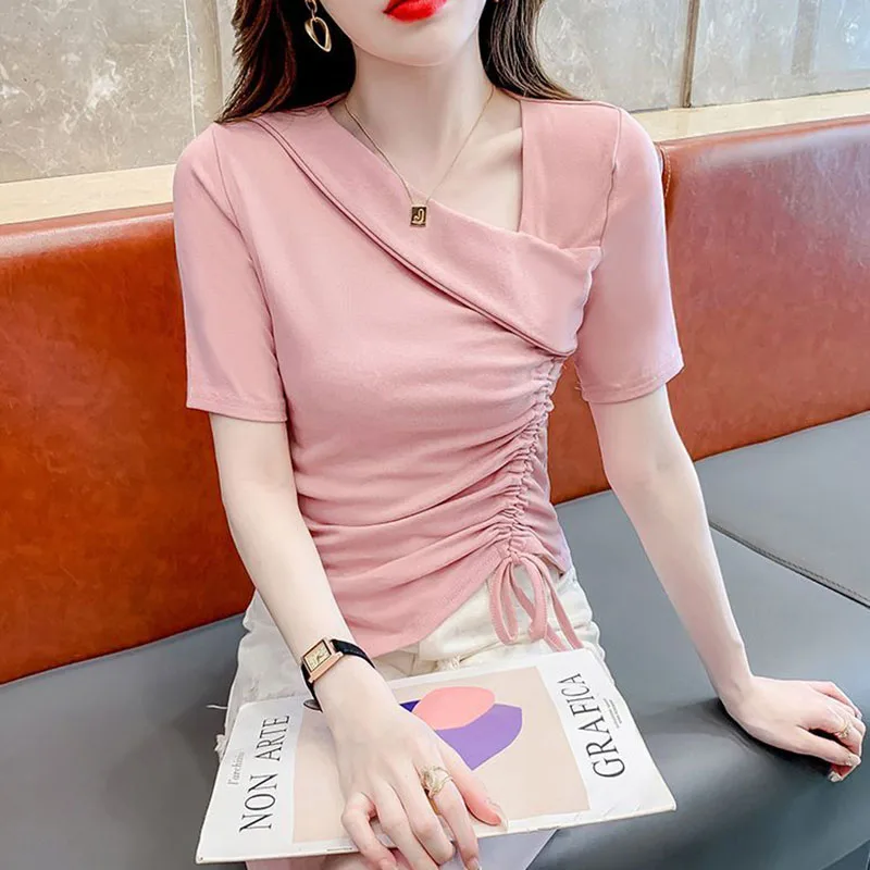 Fashion Irregular Short Sleeve T-Shirts Women Summer New Drawstring Design Pink Ladies Top Sweet All-Match Skew Collar T-Shirt
Fashion Irregular Short Sleeve T-Shirts Women Summer New Drawstring Design Pink Ladies Top Sweet All-Match Skew Collar T-Shirt