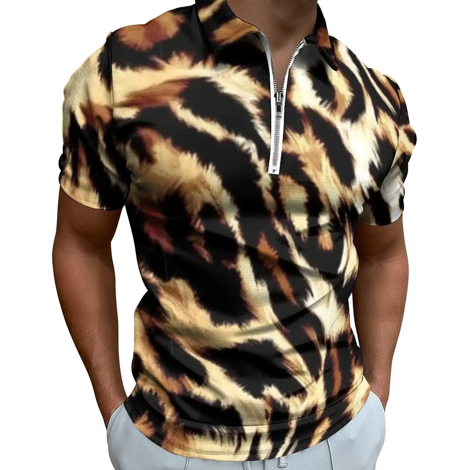 Рубашка-поло мужская с коротким рукавом, на молнии, с леопардовым принтом 
Рубашка-поло мужская с коротким рукавом, на молнии, с леопардовым принтом