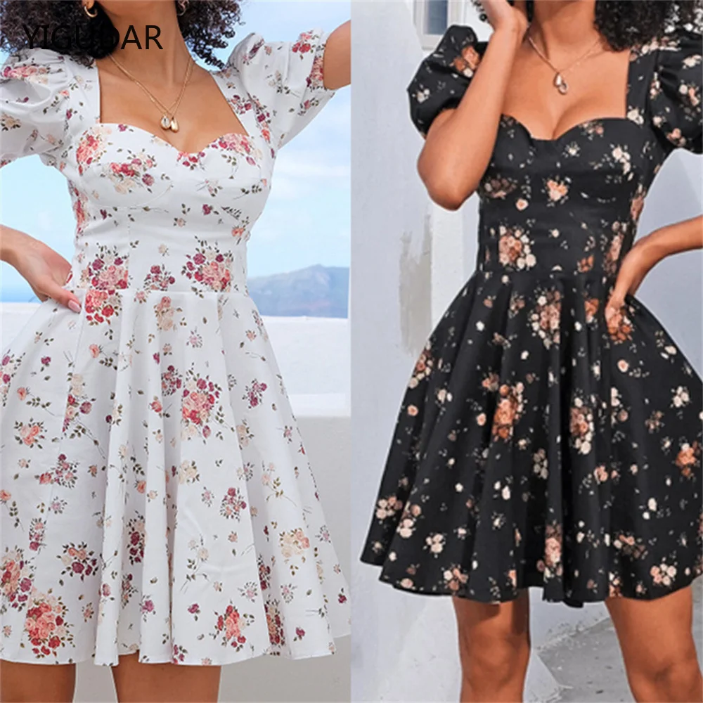 

Justchicc Floral Print Dress Square Collar Puff Sleeve Side Spilt Drawstring Sexy MIDI Dress Women Party Chic Night Outfits 2022